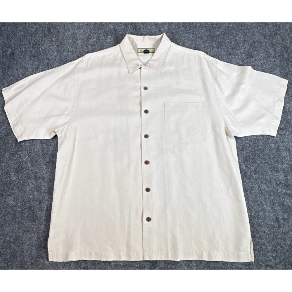 Tommy Bahama Relax Mens Large Cream 100% Silk Embroidered Palm Tree Camp Shirt